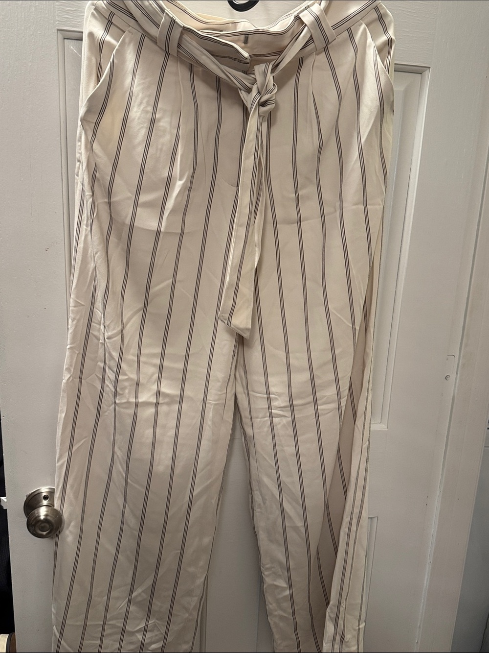 H&M Cream Wide-Leg Striped Pants with Tie Waist